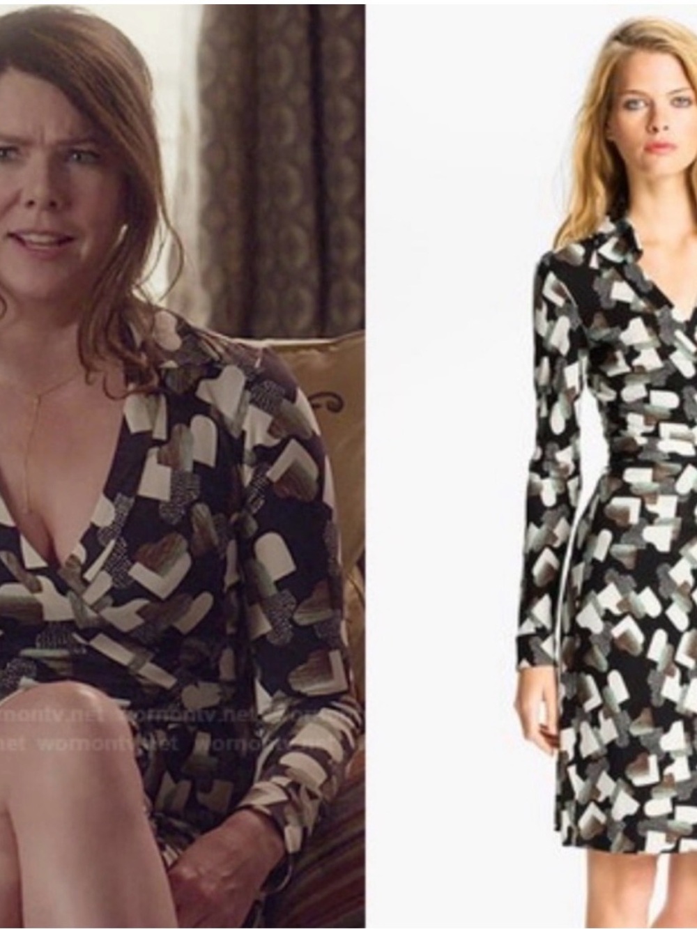 Diane Von Furstenberg Black, Cream & Brown Heart-Print Long Sleeve Wrap Dress